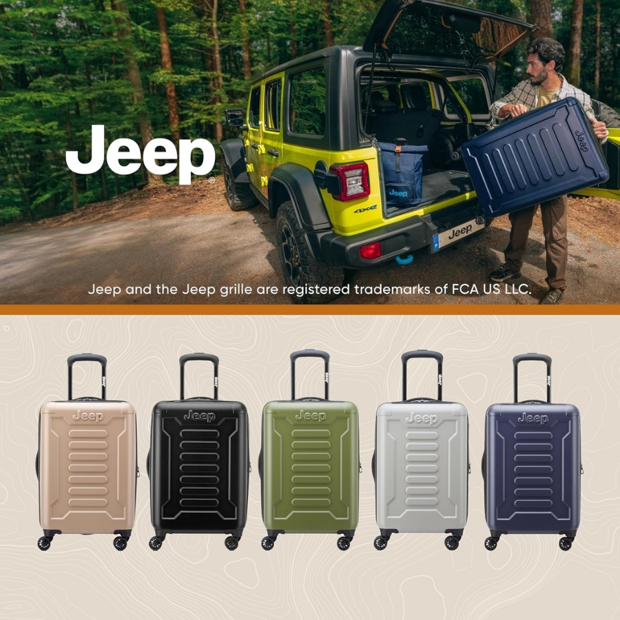 Vali Delsey Jeep JH004C 20/28 có thể mở rộng, nổi bật với logo dập nổi và bánh xe đôi bền bỉ được thiết kế để chinh phục mọi địa hình