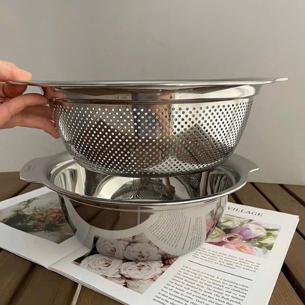 Set rổ chậu Inox Chockmen 27cm Rổ lỗ nhỏ vừa phải – vo gạo không lọt, thoát nước nhanh