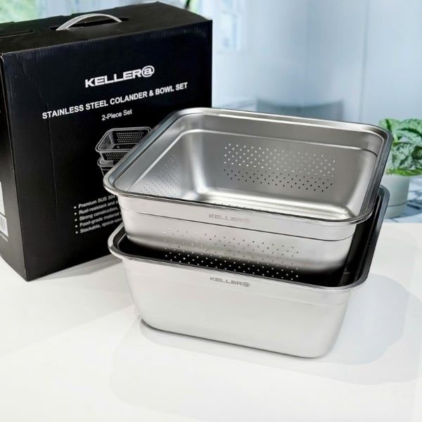 Set Rổ Chậu Inox Keller 32cm – Bộ Đôi Nhà Bếp Đa Năng, Chắc Chắn, Tiện Dụng