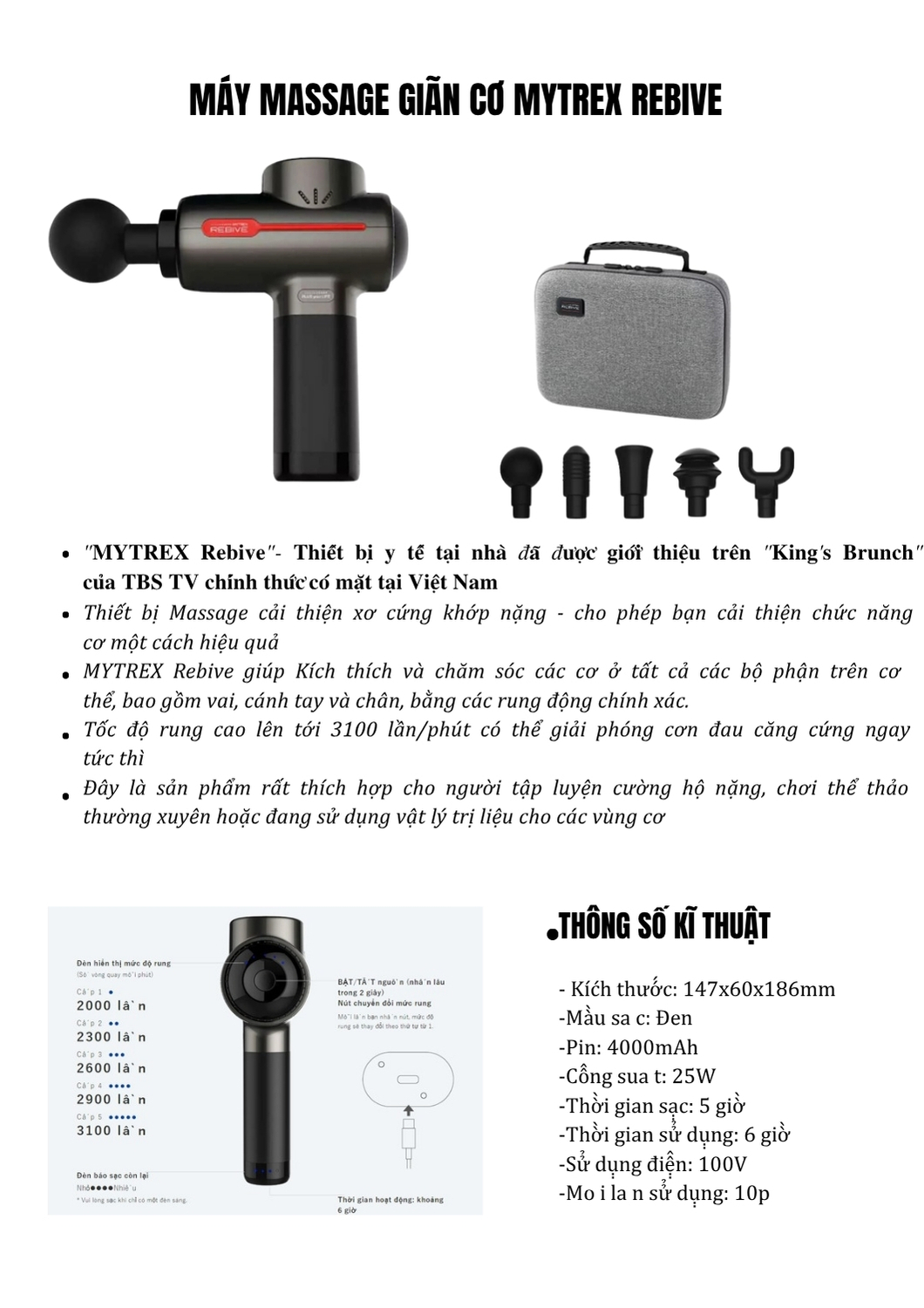 Súng massage Mytrex Rebive giải cơ tại nhà điều khiển độ sâu (độ rung) và tốc độ (tốc độ rung)