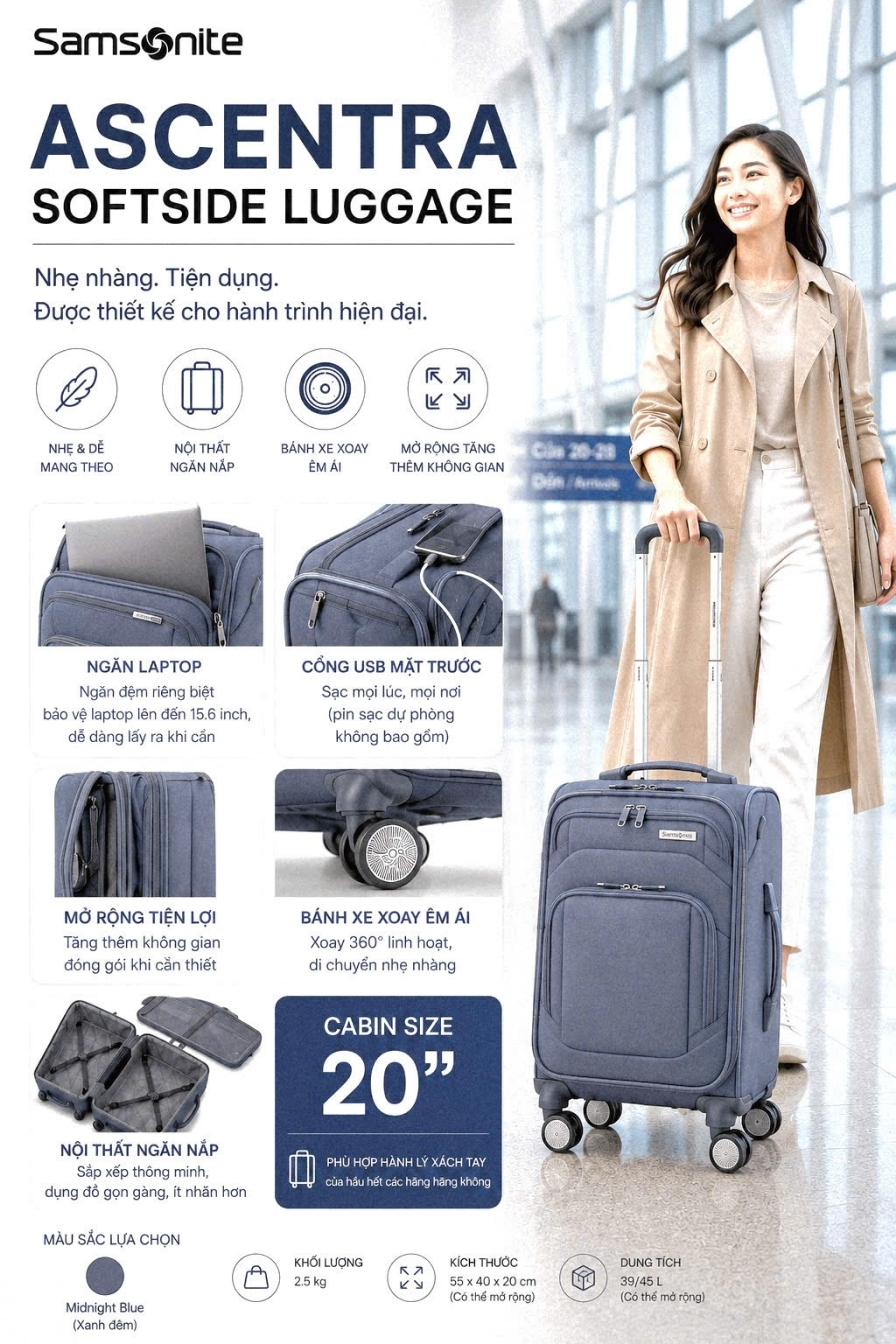 Set 2 vali vải Samsonite Ascentra Gồm 1 Vali xách tay 19 inch và 1 Túi du lịch Duffe màu xám đá (Slate)