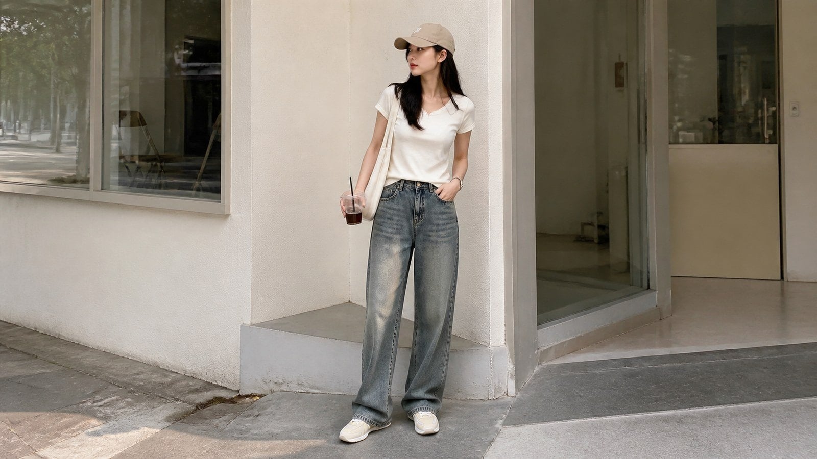 Outfit Y2K tối giản cho người mới với áo thun, denim, sneaker và nón