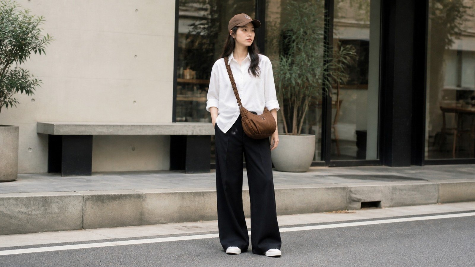Nón bóng chày và túi đeo chéo giúp outfit đổi mood nhanh
