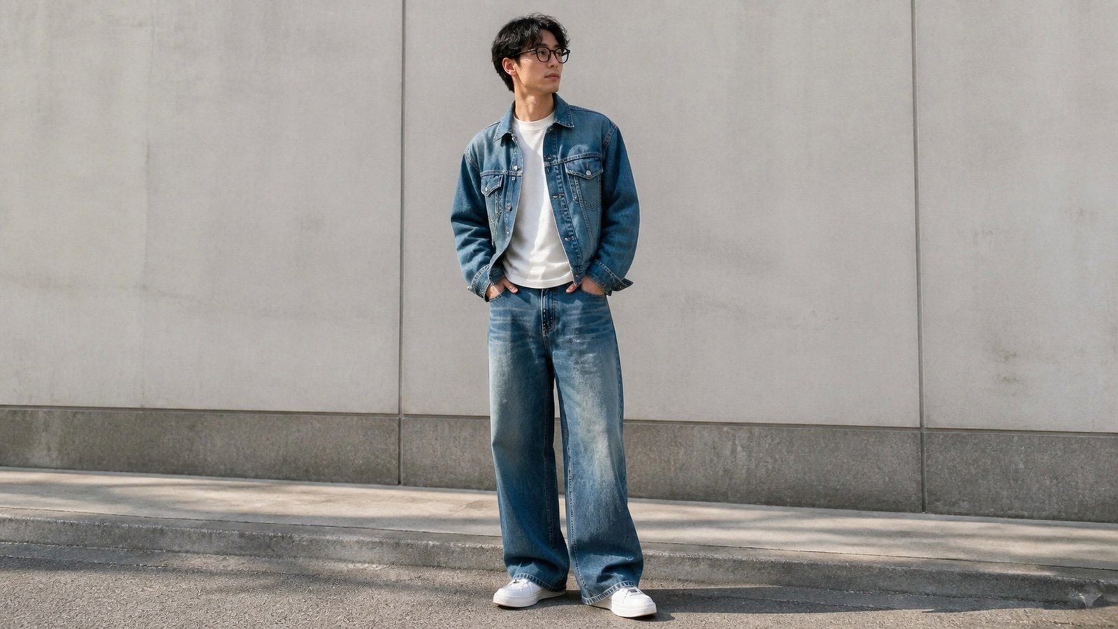 Denim on denim phối sneaker trắng theo phong cách Y2K