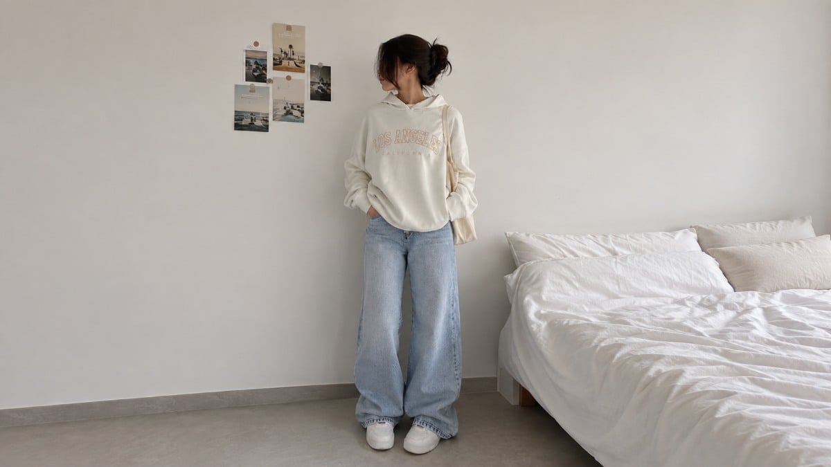 Phối áo hoodie với quần jeans và giày sneaker