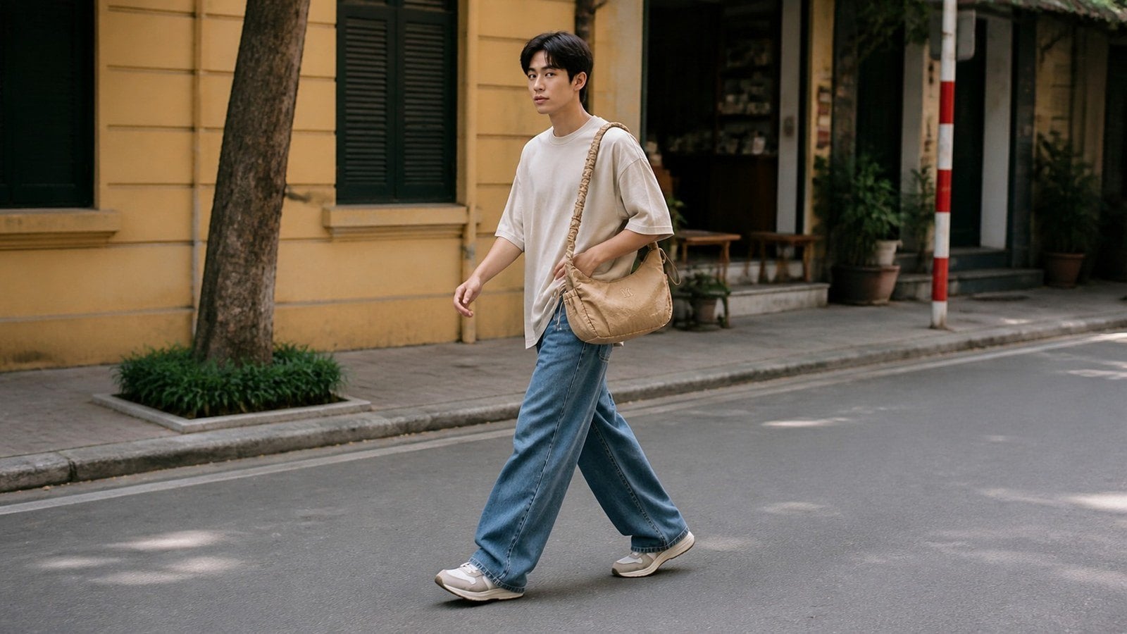 Outfit đi chơi phố cuối tuần với sneaker và túi đeo chéo