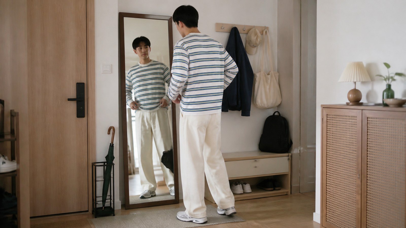Kiểm tra điểm nhìn tỷ lệ và màu lặp trước khi hoàn thiện outfit