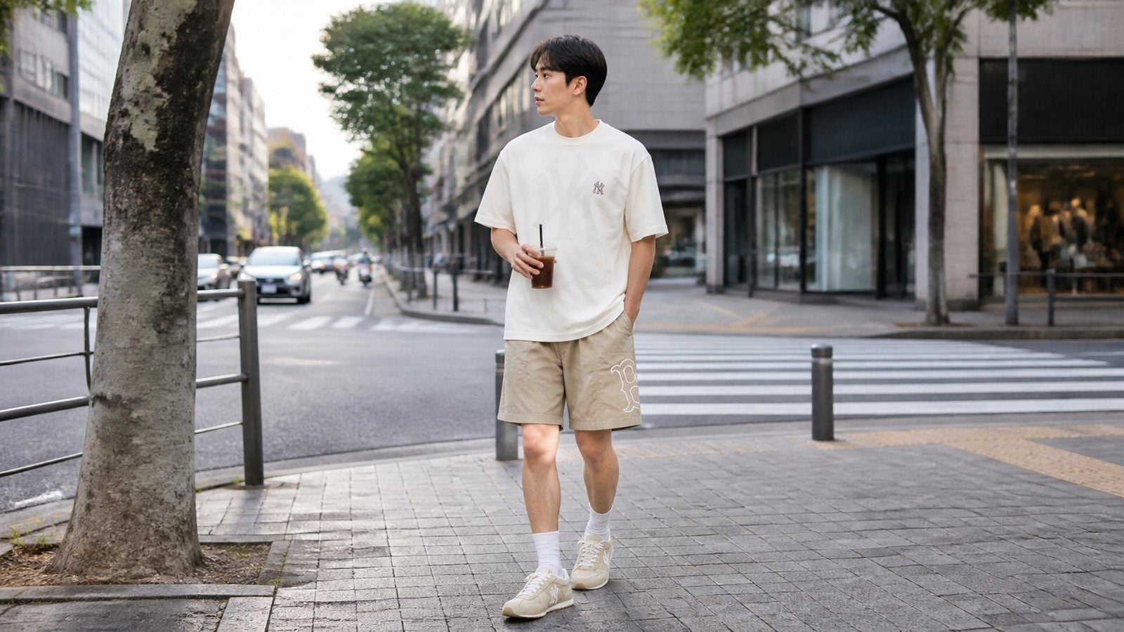 Áo thun logo, quần shorts và sneaker cổ thấp cho outfit Y2K hằng ngày