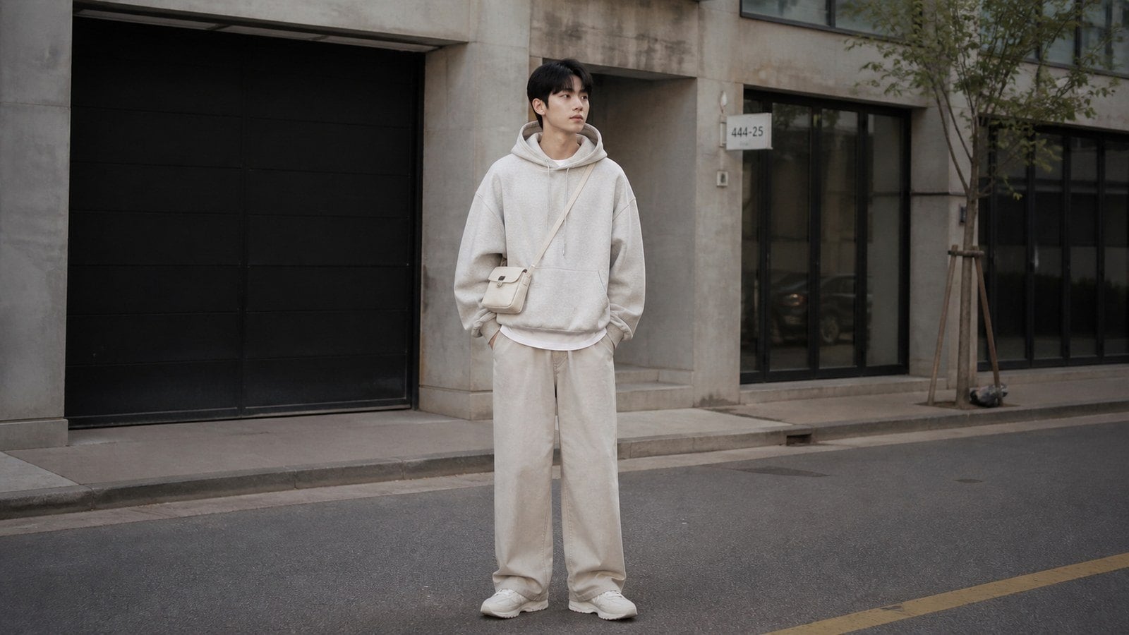 Hoodie rộng, quần ống suông và sneaker chunky trong outfit Y2K