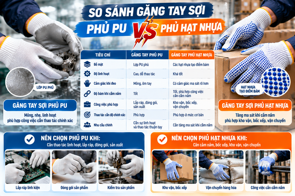 So sánh găng tay sợi phủ PU và phủ hạt nhựa