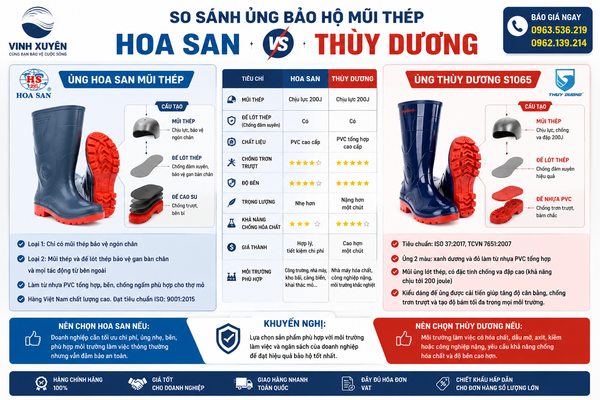 So sánh ủng mũi thép Hoa San và Thùy Dương
