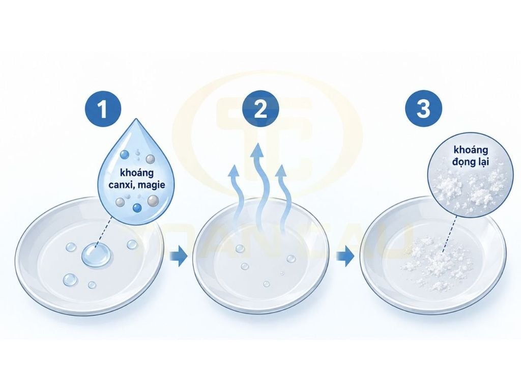 Minh họa khoáng chất trong nước cứng đọng lại thành đốm trắng khi giọt nước bốc hơi trên bát