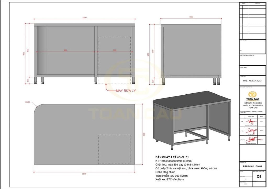 Bản thiết kế bàn quầy 1 tầng 1m5