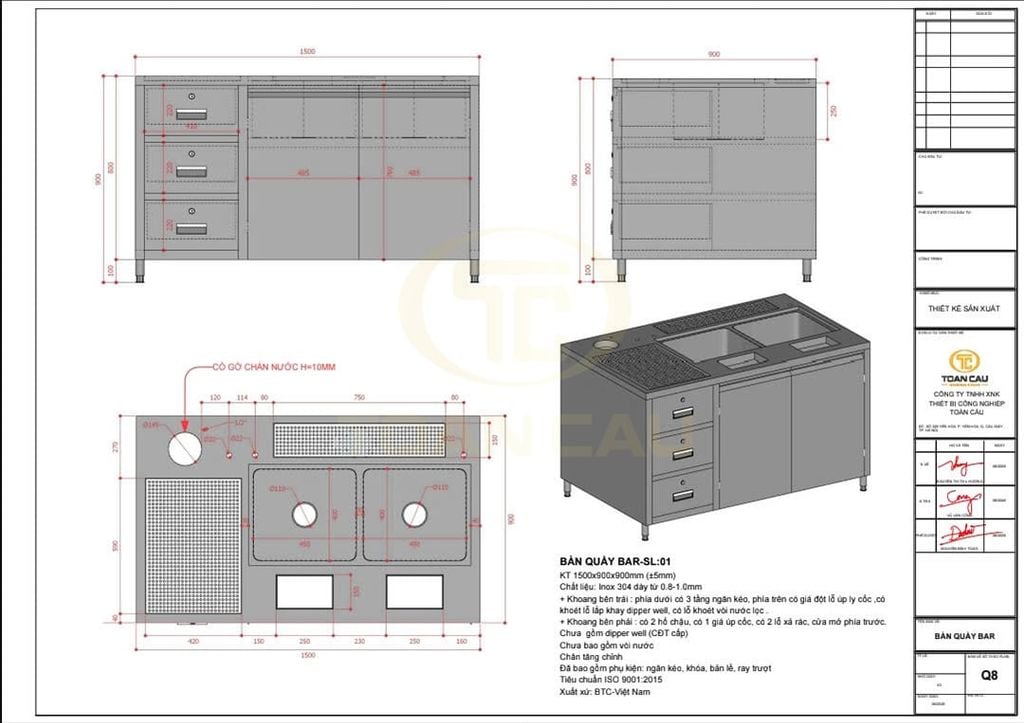 Bản thiết kế bàn quầy bar 1m5