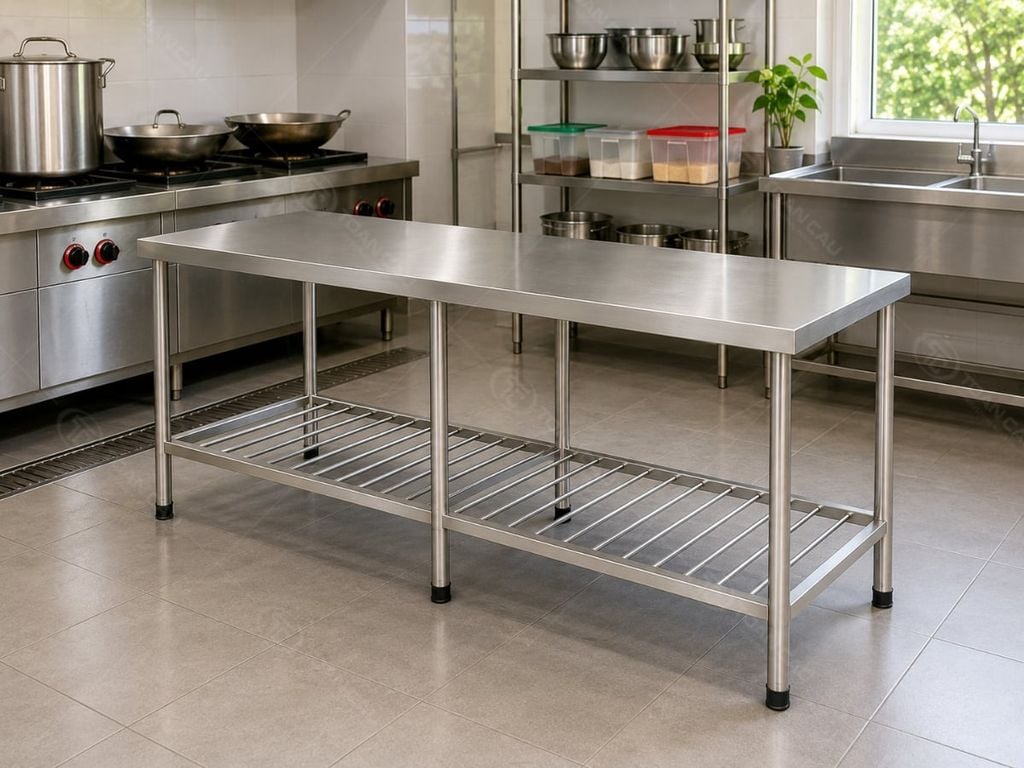 Bàn thao tác inox trong không gian bếp công nghiệp