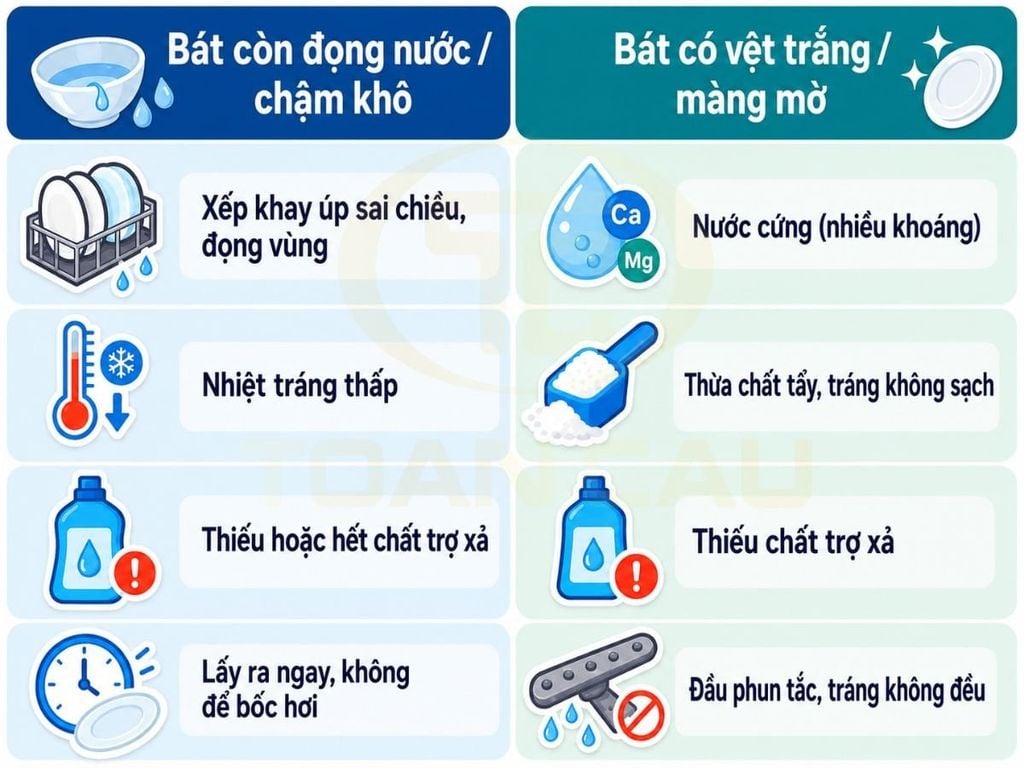Bảng phân nhóm nguyên nhân bát còn đọng nước và bát có vệt trắng sau khi rửa máy