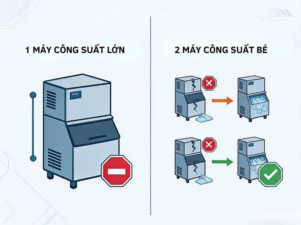So sánh rủi ro gián đoạn nguồn đá giữa một máy và hai máy làm đá