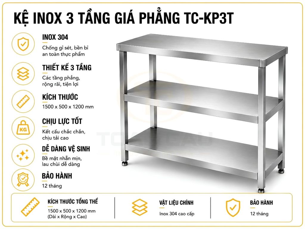 Kệ inox 3 tầng giá phẳng TC-KP3T