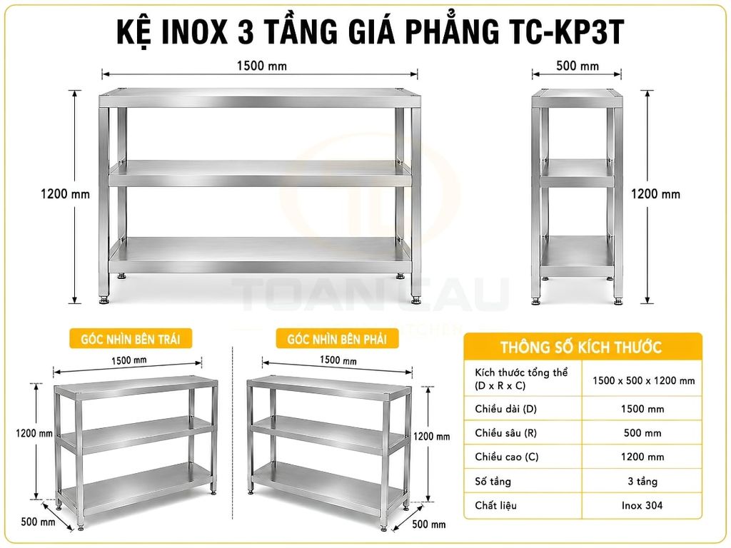 Kệ inox 3 tầng giá phẳng TC-KP3T thông số