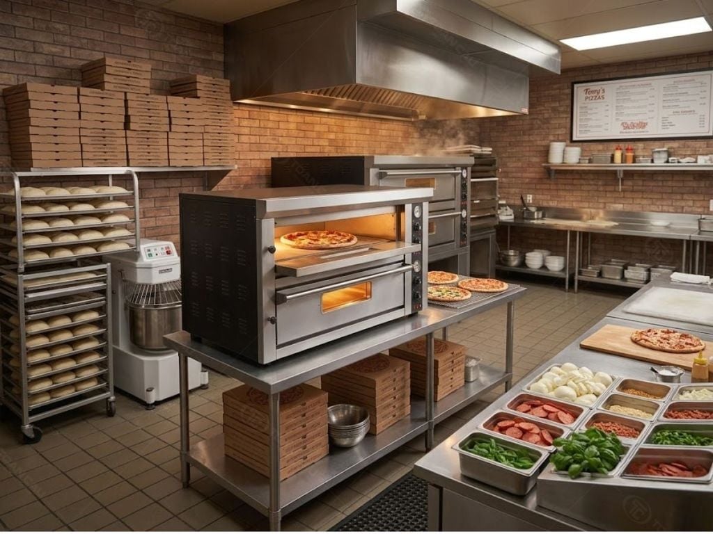 Lò nướng pizza trong không gian bếp chuyên nghiệp