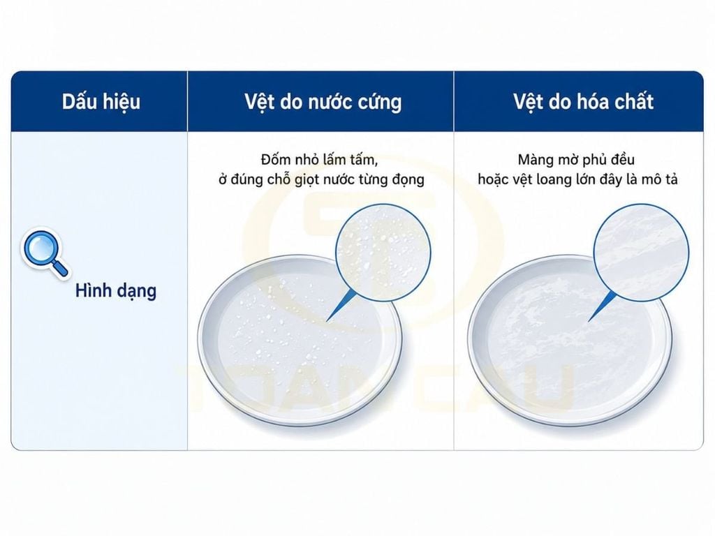Bảng phân biệt vệt trên bát do nước cứng và vệt do hóa chất theo hình dạng và cách lau