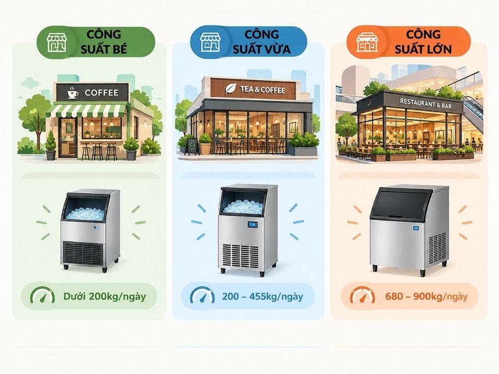 Máy làm đá công nghiệp các mức công suất cho quán trà sữa nhỏ, vừa, lớn