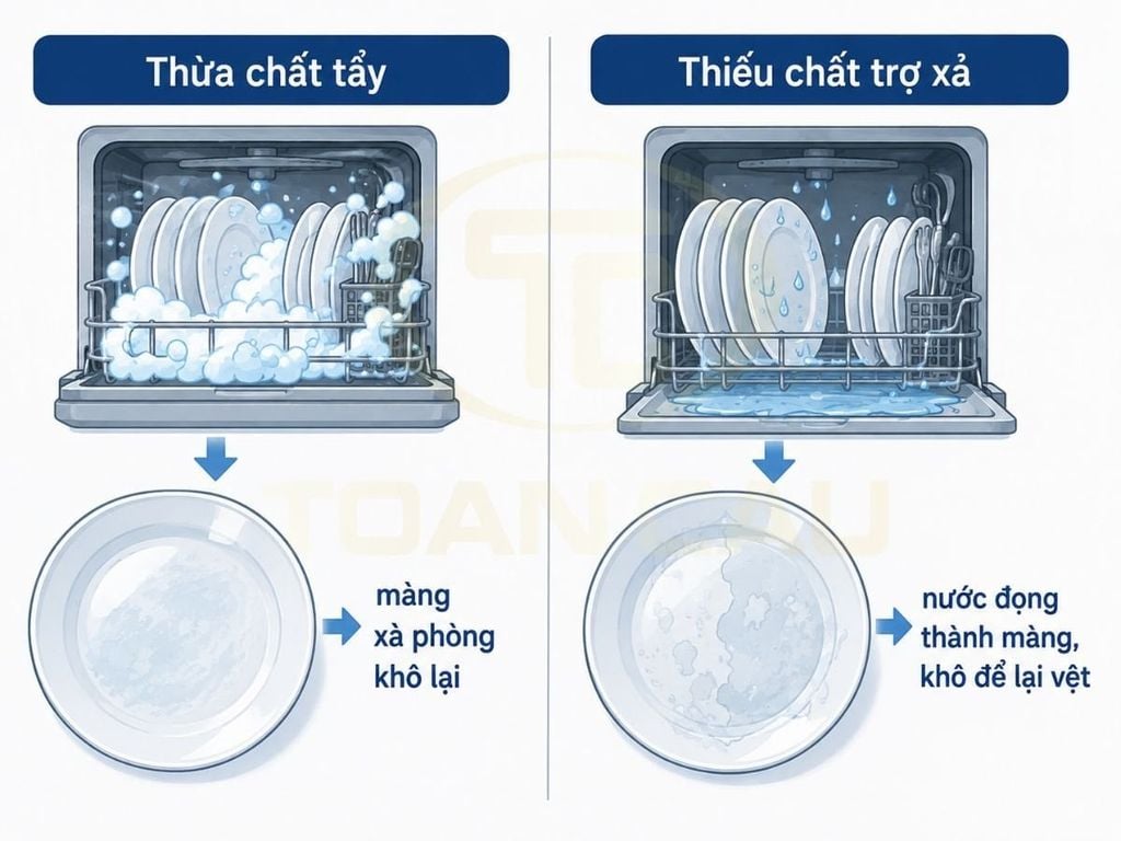 Minh họa màng mờ trên bát do thừa chất tẩy và do thiếu chất trợ xả