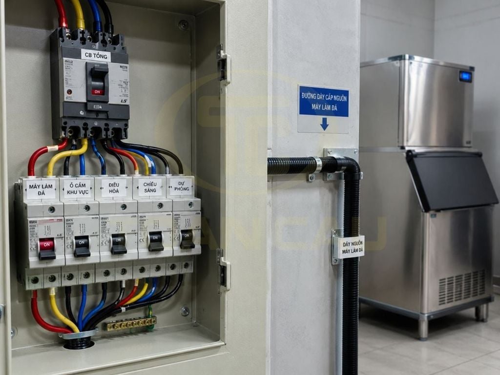 Đường điện riêng và aptomat cho máy làm đá công nghiệp