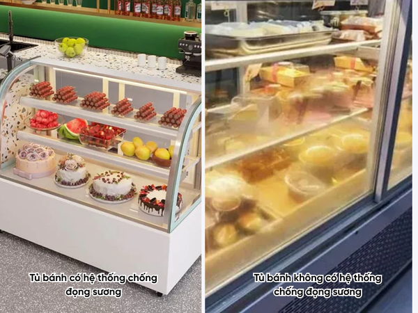 So sánh mặt kính tủ bánh kem có và không có hệ thống sấy chống đọng sương