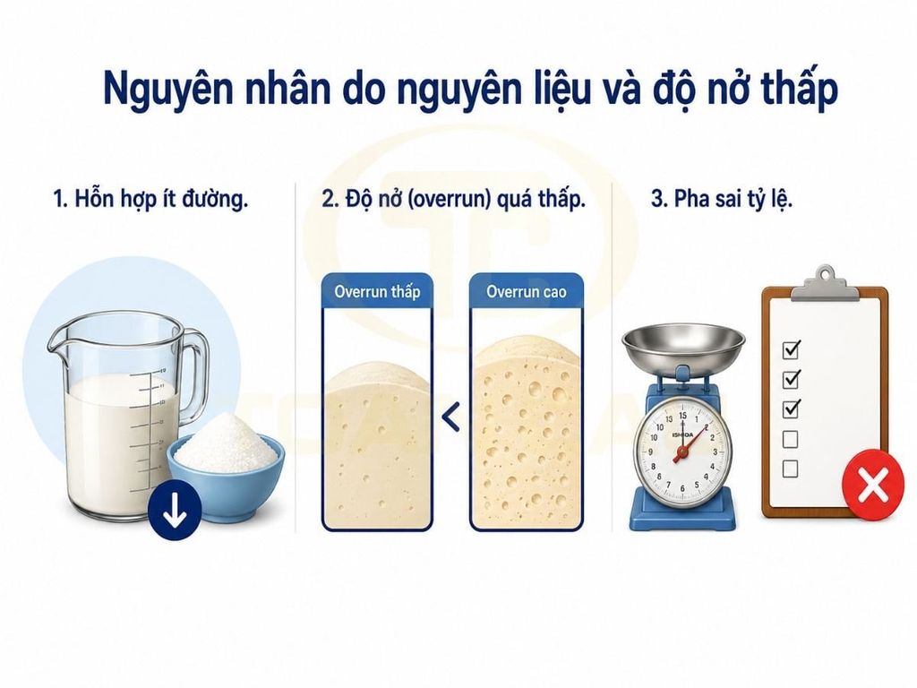 Lỗi nguyên liệu và overrun thấp khiến kem đóng cứng nhanh