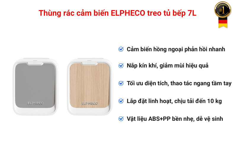 Thùng rác cảm biến ELPHECO treo tủ bếp 7L nhiều màu