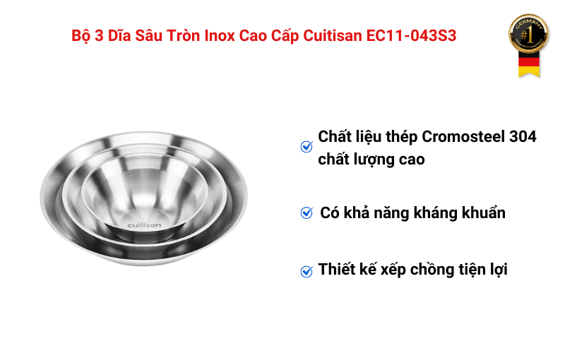 Bộ 3 Dĩa Sâu Tròn Inox Cao Cấp Cuitisan EC11-043S3