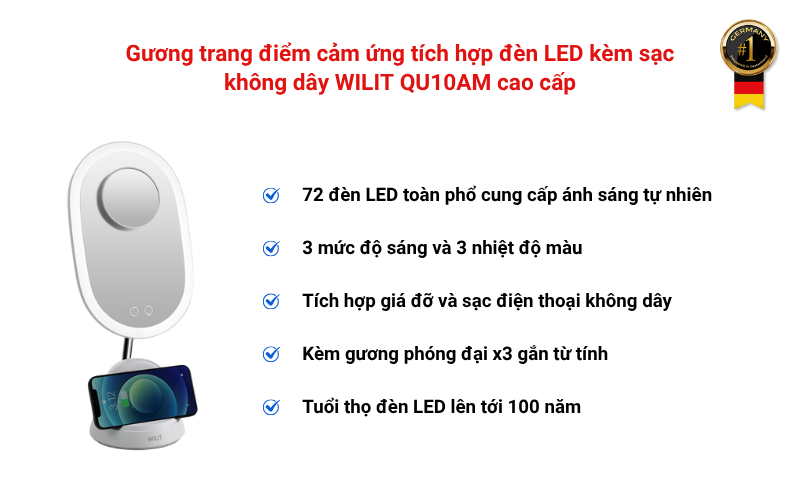 Gương trang điểm cảm ứng tích hợp đèn LED kèm sạc không dây WILIT QU10AM