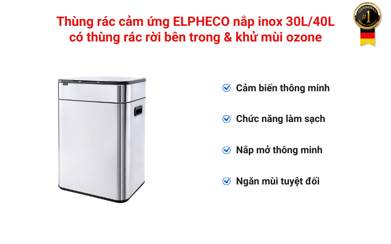 Thùng rác cảm ứng ELPHECO nắp inox 30L/40L có thùng rác rời bên trong & khử mùi ozone, nhiều màu
