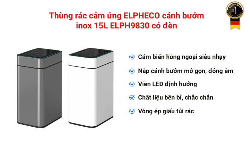 Thùng rác cảm ứng ELPHECO cánh bướm inox 15L ELPH9830 có đèn, nhiều màu