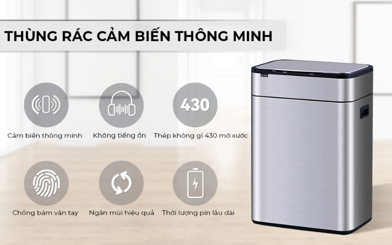 Thùng rác cảm ứng ELPHECO nắp inox 30L/40L có thùng rác rời bên trong & khử mùi ozone, nhiều màu