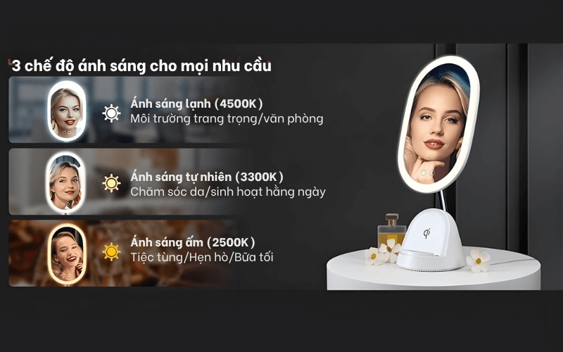 3 chế độ ánh sáng gương trang điểm cảm ứng tích hợp đèn LED kèm sạc không dây WILIT QU10AM