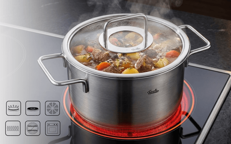 bộ nồi Fissler Pure Collection 5 món vung kính kèm chảo có thể dùng trên nhiều loại bếp