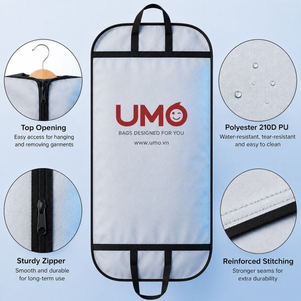 Custom garment bag made from Polyester 210D PU with waterproof coating, black zipper and handles, OEM & ODM manufacturing by UMO Vietnam.