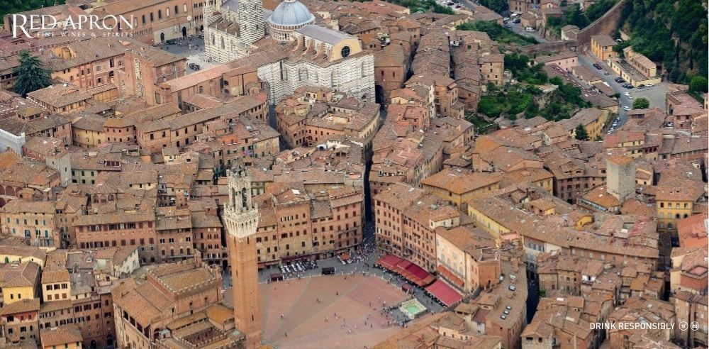 Đồ họa dòng thời gian rượu vang Tuscany: Trung cổ, DOC/DOCG, Super Tuscan 1968–1981, hiện đại hóa bền vững.