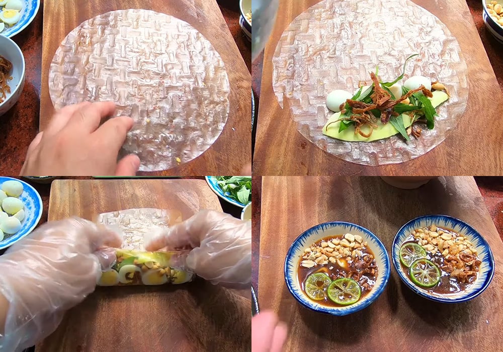 Các bước làm bánh tráng đỏ cuốn trứng cút