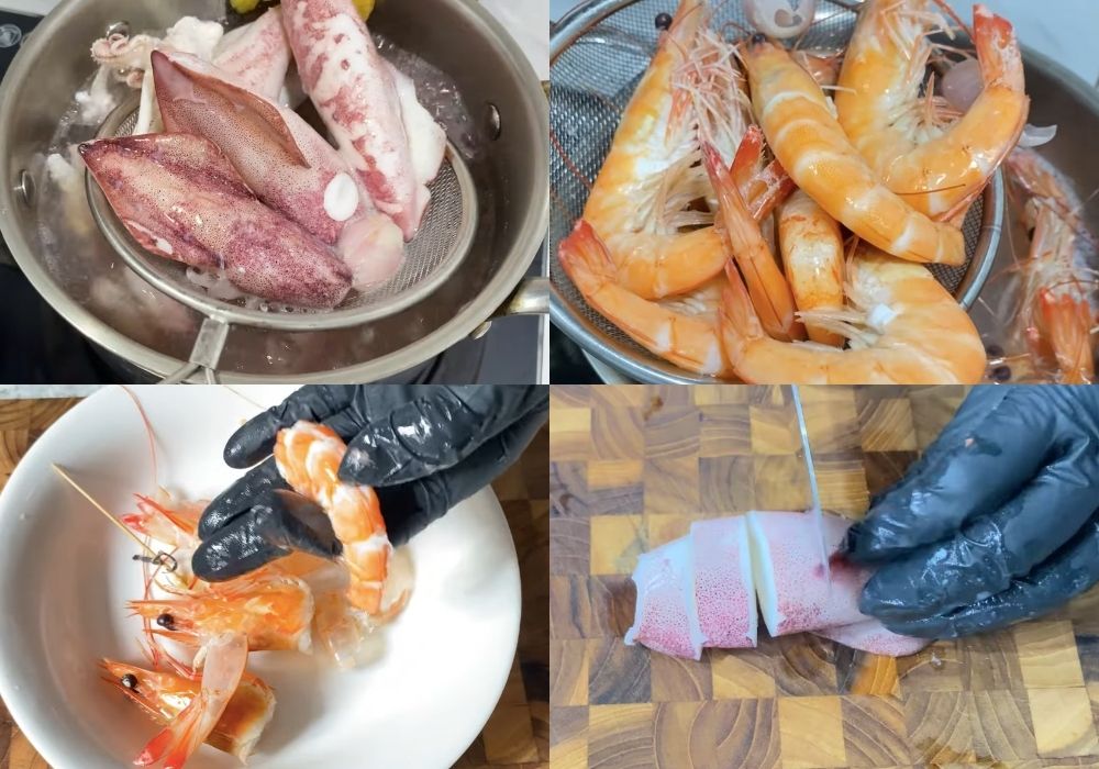Luộc tôm và mực