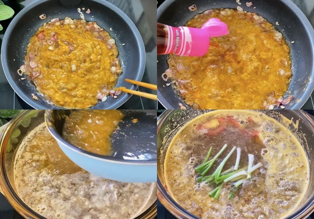 Xào gạch cua và hoàn thiện nước lẩu