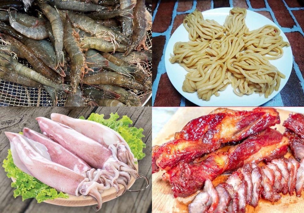 Nguyên liệu làm mì hải sản tôm mực xá xíu