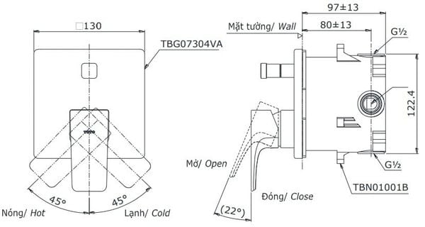 Van gật gù điều chỉnh nóng lạnh GE kèm nút chuyển hướng và phụ kiện âm tường TBG07304VA/TBN01001B - Bùi Minh