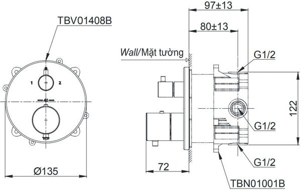 Van điều chỉnh nhiệt độ kèm van dừng và phụ kiện âm tường TOTO TBV01408B/TBN01001B - Bùi Minh