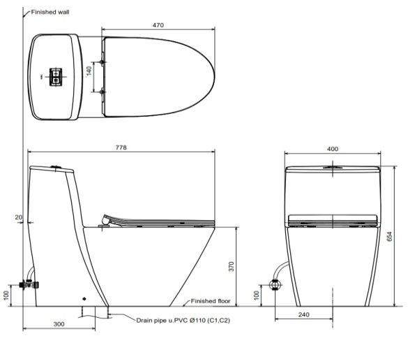Bản vẽ bàn cầu 1 khối Inax AC-919R+CW-S32VN