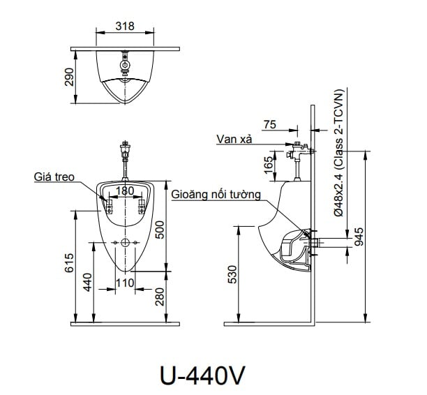 Bản vẽ Tiểu nam Inax U-440V