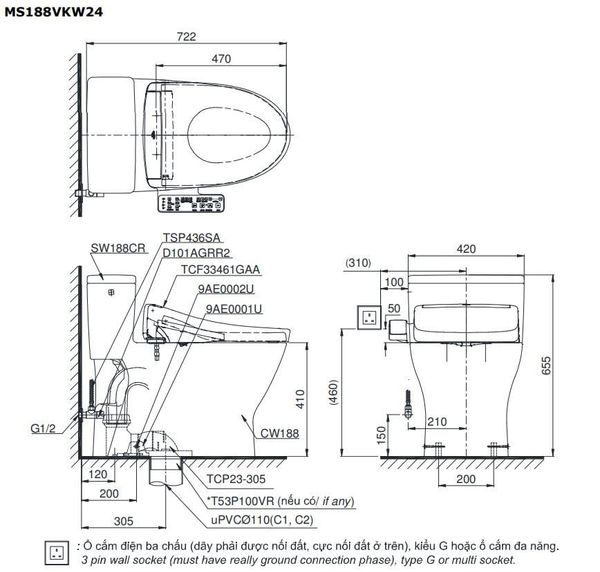Bàn cầu điện tử TOTO MS188VKW24#XW/T53P100VR - Bùi Minh