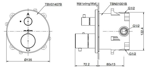 Van điều chỉnh nhiệt độ kèm van dừng và phụ kiện âm tường TOTO TBV01407B/TBN01001B - Bùi Minh